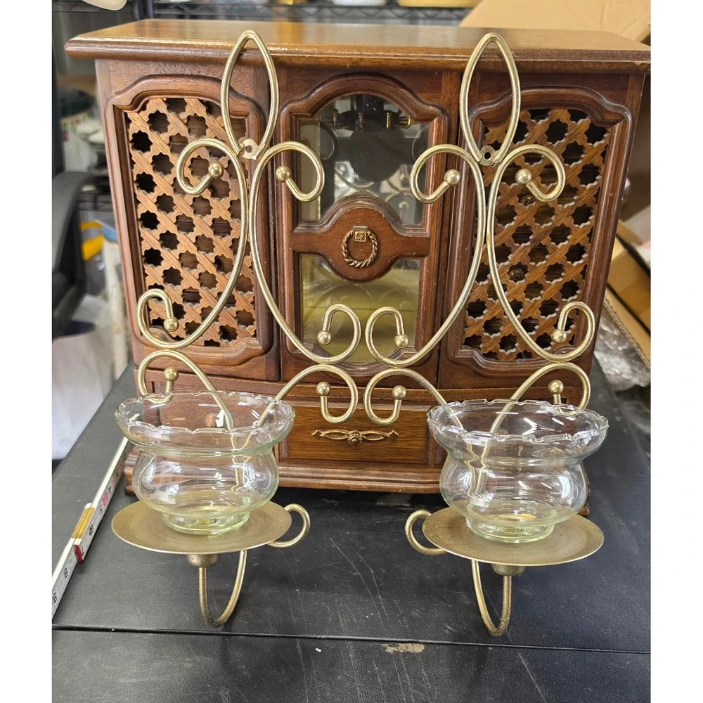 Vintage Brass Wall Sconces Set of 2 Etched Glass Peg Votive Candle Holders